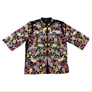 60s Colorful Floral Embroidered 3/4 Long Sleeves Nehru Collar Beatles Jacket S